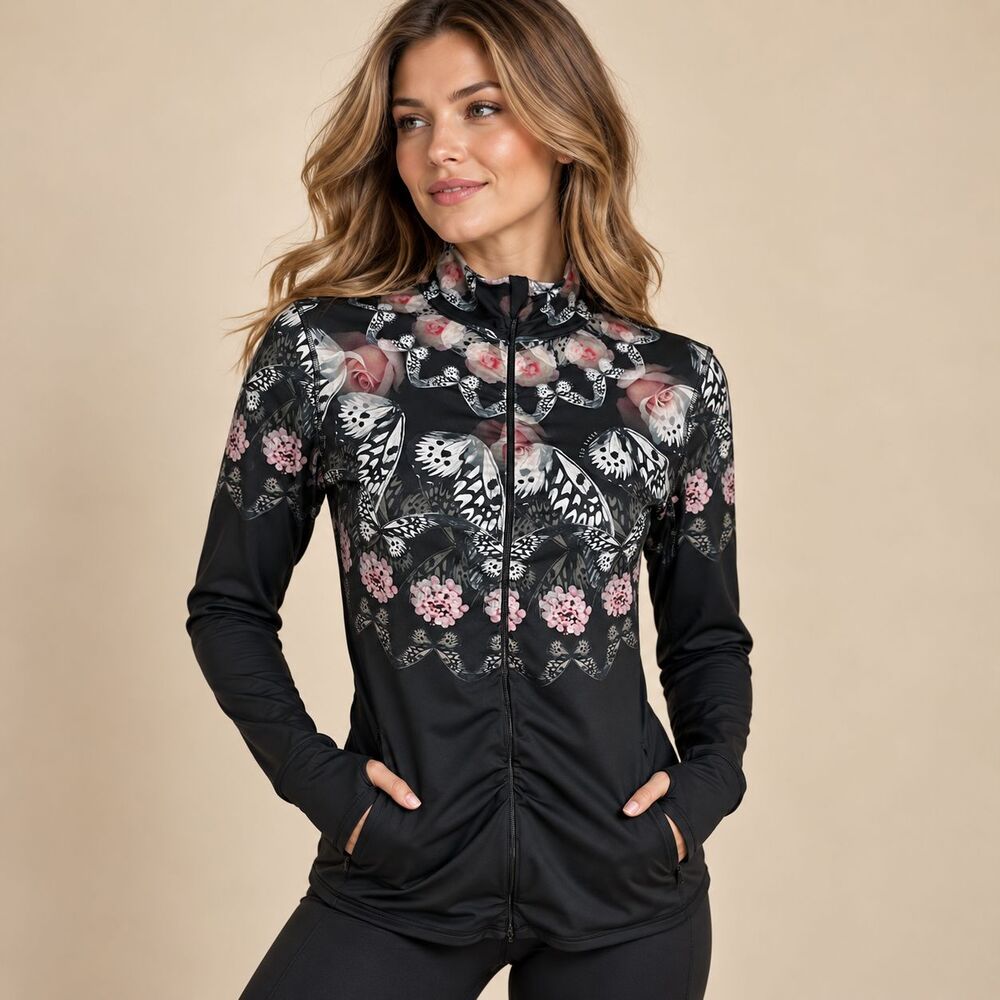Ted Baker Dynamic Butterfly Track Jacket Size S Black Floral Full Zip Activewear